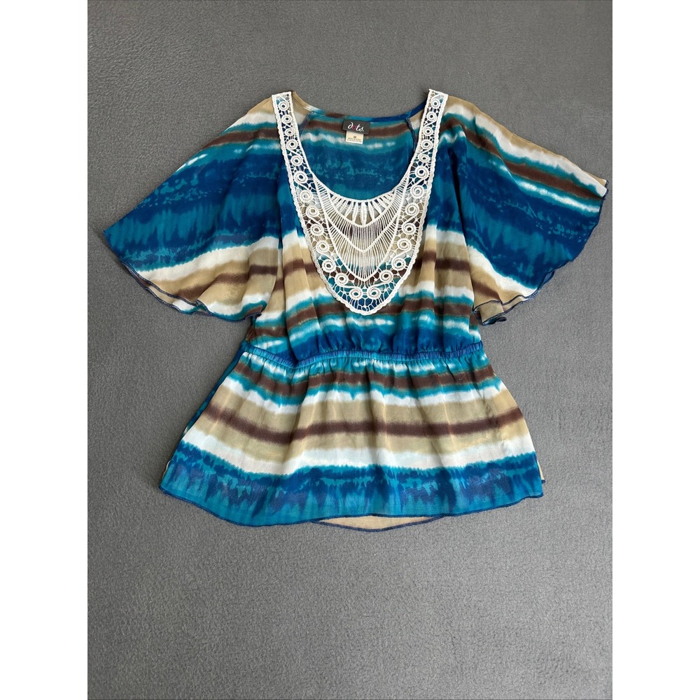 Dots Blouse Women M Blue Tie Dye Crochet Lace Neck Butterfly Sleeve Boho Top